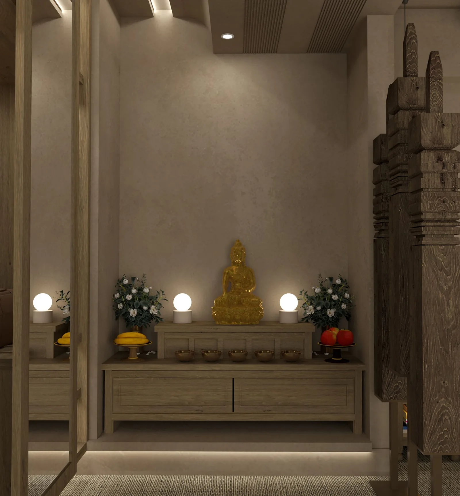 Quiet shrine room with a golden Buddha, lamps and flowers on a wooden altar