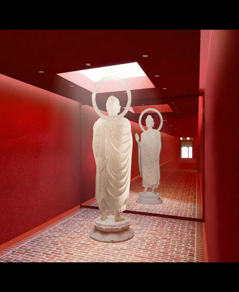 Rendering of a red shrine corridor with statues