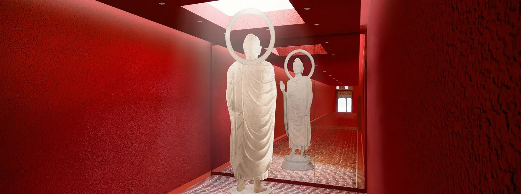 Buddha statues in the red shrine corridor at Licchavi House