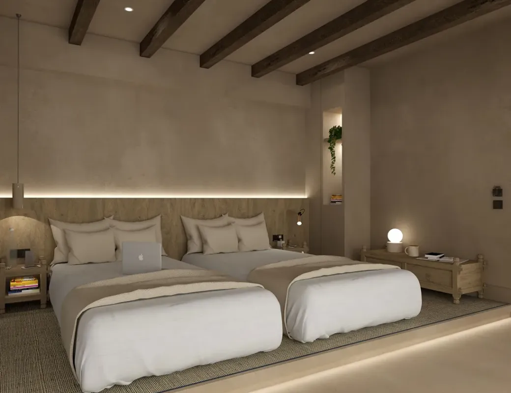 Rendering of a twin bedroom with timber beams