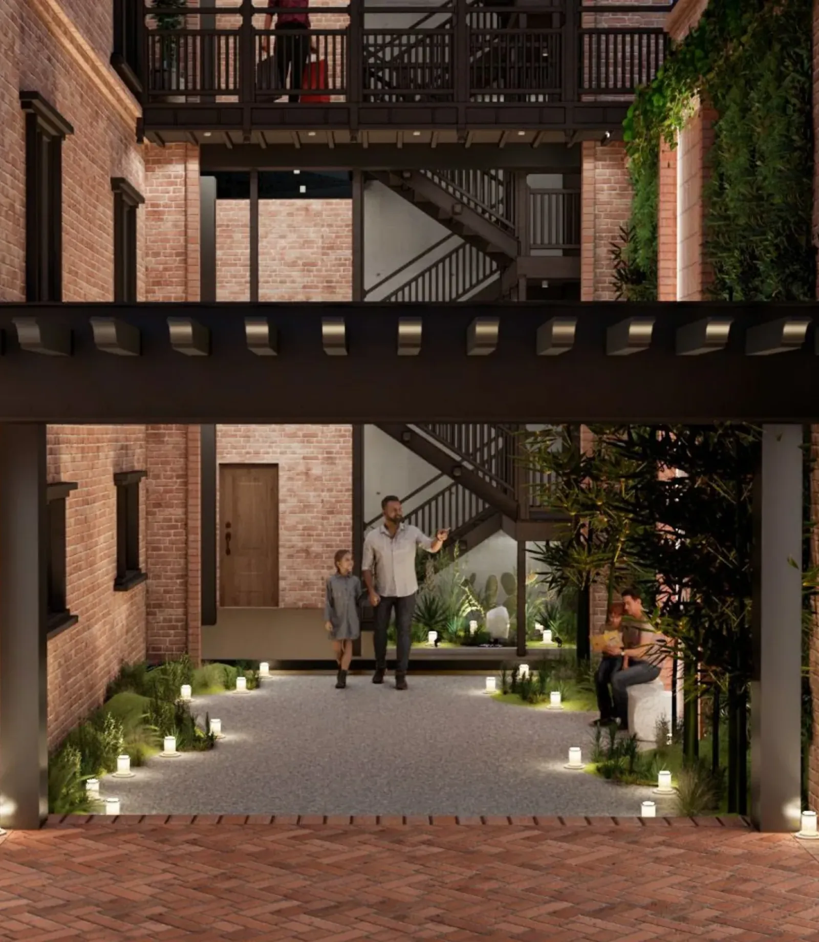 Lantern-lit brick courtyard of Licchavi House with a family walking beneath the timber walkway