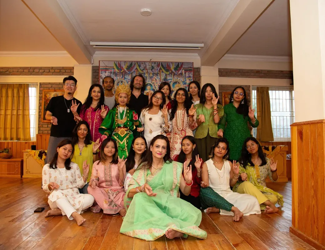 Tara Dance workshop participants with Anupama Dahal in the Licchavi House shrine hall