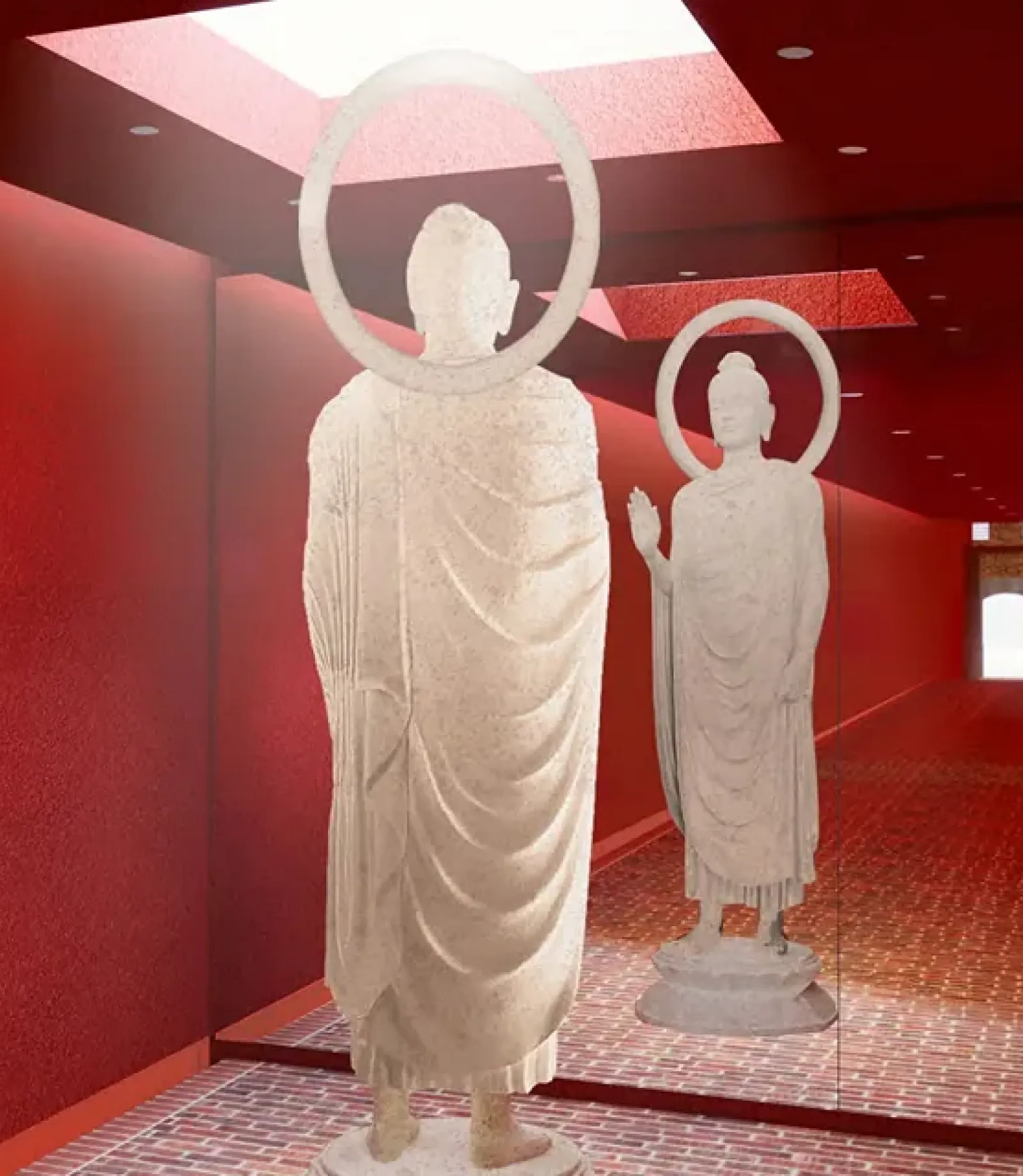 Buddha statues in the red shrine corridor at Licchavi House
