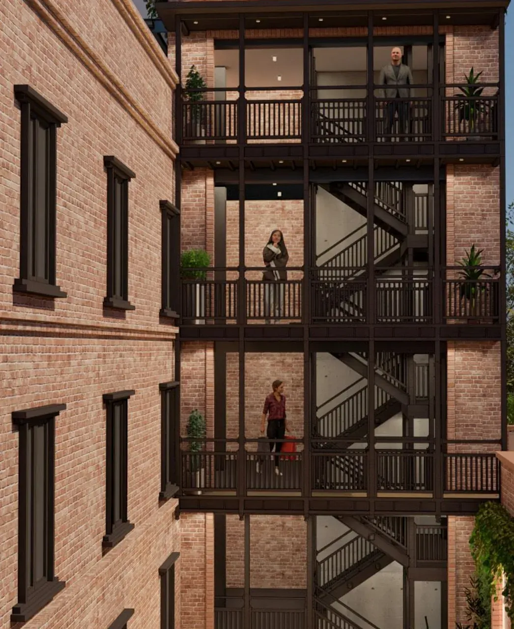 Brick facade of Licchavi House with timber stair balconies across three floors