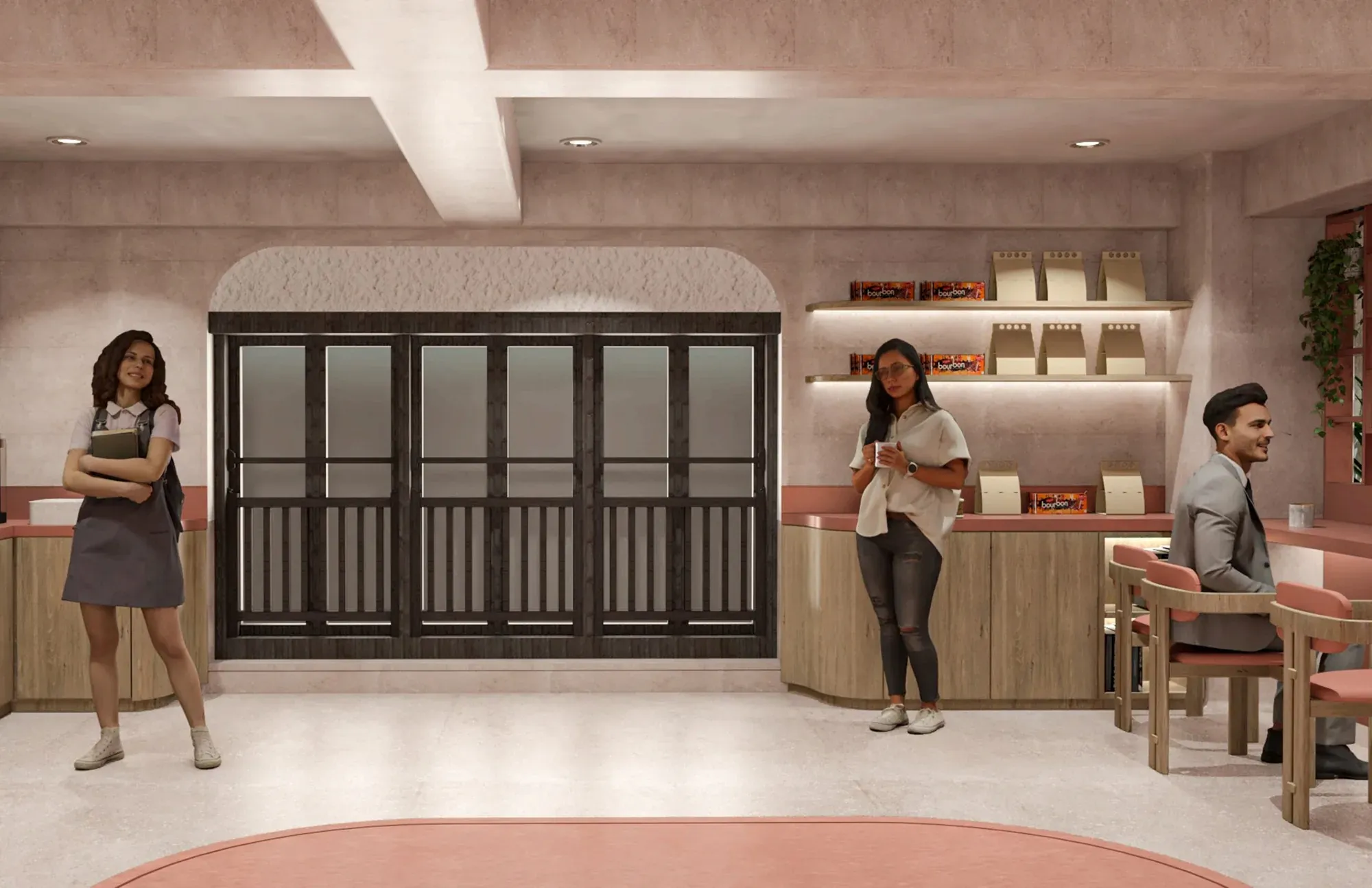 Pink-toned cafe at Licchavi House with guests by the counter and a carved timber window